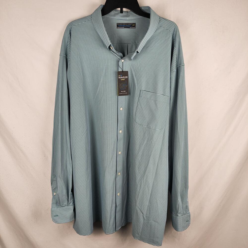 Roundtree & Yorke Shirt Mens 4XLT Green Check Traveler Stretch Long Sleeve